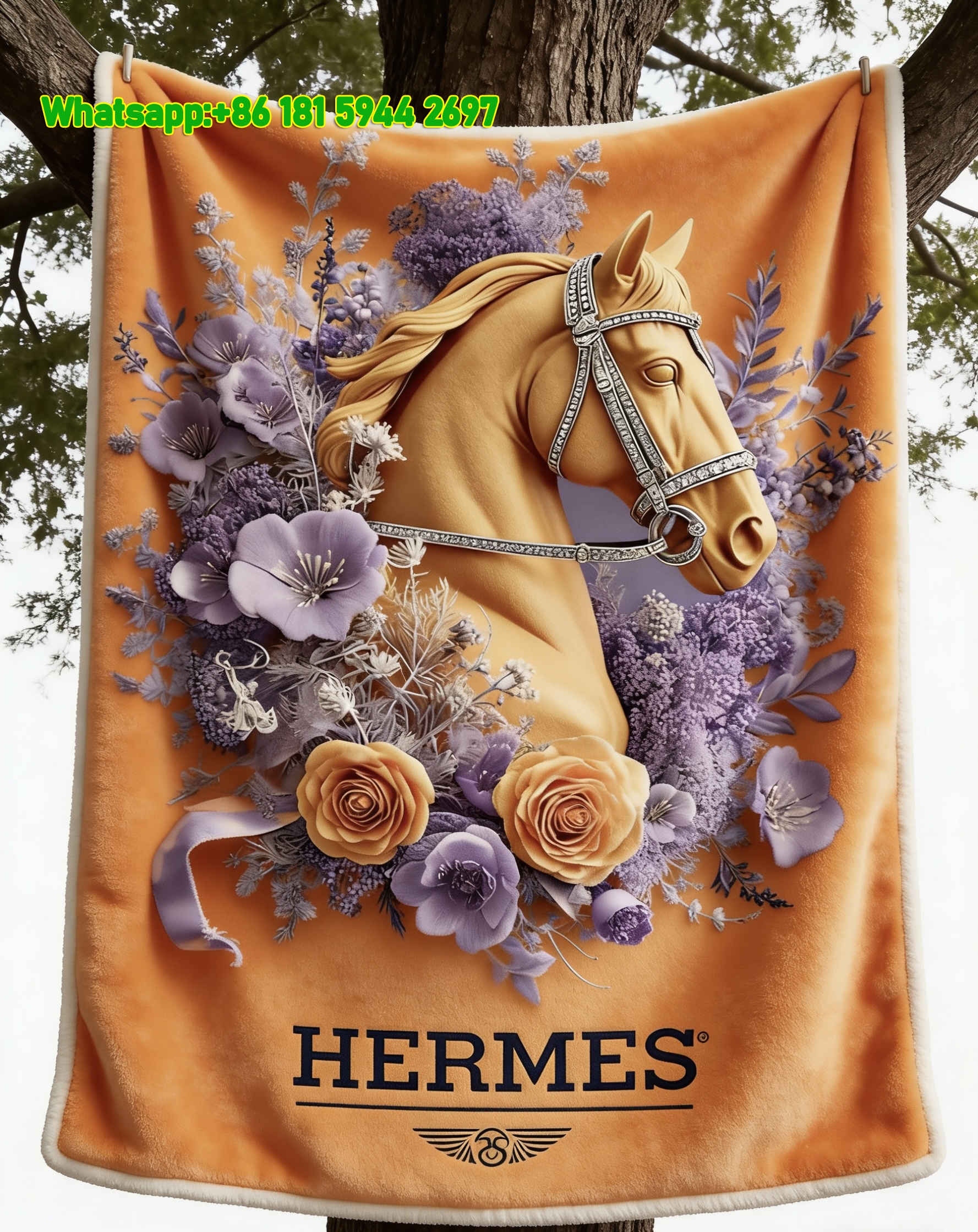 Hermès Golden Horse & Purple Floral Flannel Fleece Throw Blanket IMG_4971